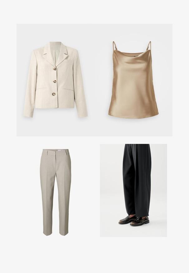 Selected DIMA - Blazer - white pepper; Camisole en satin beige clair avec de fines bretelles et un décolleté doucement drapé, présentant une texture lisse et brillante.; Pantalon beige sur mesure avec passants pour ceinture, fermeture éclair avant et plis marqués sur les jambes, présenté sur fond blanc.; Mocassins noirs en cuir brillant, avec une lanière décorative sur le dessus, assortis à un pantalon noir ample.
