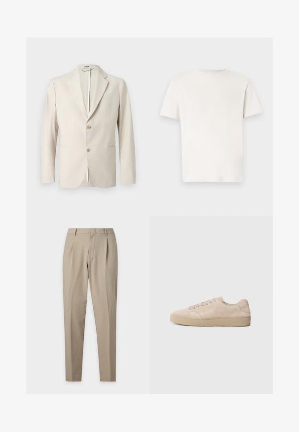 Blazer beige à deux boutons, avec revers crantés, poches avant à rabat et manches longues, présenté sur un fond uni.; T-shirt blanc uni à manches courtes et col rond, présenté de face sur un fond gris clair.; Pantalon beige sur mesure avec plis, passants pour ceinture et jambes fuselées sur un fond clair uni.; Baskets en daim beige avec un bout rond, des lacets plats et une semelle en caoutchouc texturé. Design minimaliste avec des bords lisses et des coutures discrètes.