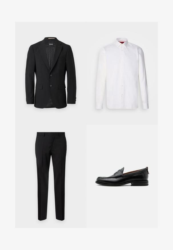 Schwarzes Blazer mit einem einreihigen Design, Reverskragen, zwei vorderen Taschen und zwei Knöpfen. Glattes Gewebe mit einem gemusterten Innenfutter.; Weißes langärmliges Hemd aus Baumwolle mit klassischem Kragen, Knopfleiste vorne und glatter Textur. Rote Details im inneren Kragen.; Schwarze maßgeschneiderte Hosen aus glattem Stoff, mit geradem Bein, feinen Bügelfalten und einem klassischen Bund mit Gürtelschlaufen.; Schwarzer Leder-Herrenschuh mit Mokassinnaht, Penny-Riemen, strukturiertem Kragen und niedrigem gestapeltem Absatz auf weißem Hintergrund.