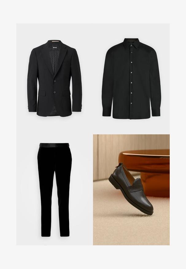 Schwarzes Blazer mit einem einreihigen Design, Reverskragen, zwei vorderen Taschen und zwei Knöpfen. Glattes Gewebe mit einem gemusterten Innenfutter.; Schwarzes Langarm-Hemd mit Knopfleiste, spitzem Kragen und geknöpften Manschetten, vor einem einfarbigen hellen Hintergrund gezeigt.; Schwarze Samthosen mit tailliertem Schnitt, glatter Textur und passendem Bund. Verfügt über gerade Beine und Seitentaschen.; Schwarzer Lederloafer mit niedrigem Absatz, der über einem beigen Teppich schwebt, neben einem glänzenden bernsteinfarbenen Tisch in einem minimalistischen Raum.