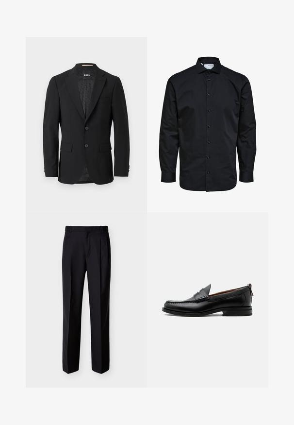 Sort blazer med en en-knoob design, klippet revers, to forlommer og to knapper. Glat stof med et mønstret inderfor.; Herre langærmet sort skjorte med knaplukning foran og klassisk krave, lavet af glat stof.; Sorte skræddersyede bukser med lige snit, foldet forstykke og sidelommer. Fremstillet af et glat, let stof med et ensartet mønster.; Sort læder herre loafer med moc-tå syning, penny strop, struktureret krave og lav stablet hæl på hvid baggrund.