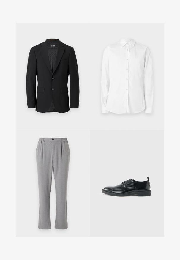 Blazer negro con un diseño de botonadura simple, solapas muestradas, dos bolsillos frontales y dos botones. Tejido suave con un forro interior estampado.; Camisa blanca de manga larga con botones, hecha de algodón. Presenta un cuello puntiagudo y un pequeño logo bordado en el pecho. Textura suave.; Pantalones grises con tejido texturizado, con cierre de botón y cintura elástica. Diseño de pierna recta con pliegues laterales.; Zapato de vestir negro de cuero brillante con tacón bajo, cierre de cordones y puntera redonda, mostrado de lado sobre un fondo claro y liso.