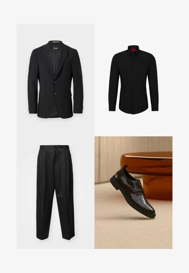 Schwarzes Blazer mit einem einreihigen Design, Reverskragen, zwei vorderen Taschen und zwei Knöpfen. Glattes Gewebe mit einem gemusterten Innenfutter.; Schwarzes Langarmhemd mit Knopfleiste, klassischem Kragen und abgerundetem Saum; verfügt über schwarze Knöpfe und ein rotes Logo im Kragen.; Schwarze, taillierte Hosen mit hoher Taille, weitem Bein und scharfen Falten. Aus glattem Stoff gefertigt, mit Gürtelschlaufen und ohne sichtbare Beschläge.; Schwarzer glänzender Lederschnürschuh, der über einem beigen Teppich mit einem glänzenden braunen runden Tisch im Hintergrund schwebt.