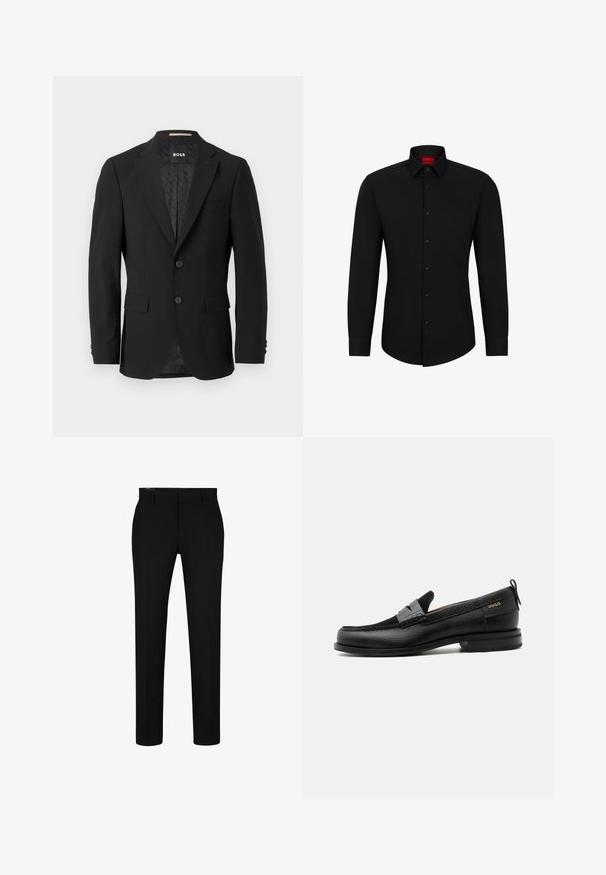 Blazer noir avec un design à un bouton, revers crantés, deux poches avant et deux boutons. Tissu lisse avec une doublure intérieure à motifs.; Chemise noire à manches longues avec un devant boutonné, col classique et ourlet arrondi ; comporte des boutons noirs et un logo rouge à l'intérieur du col.; Pantalons noirs à coupe slim, fabriqués en tissu lisse. Présentent un devant plat, des passants de ceinture et des plis nets le long des jambes. Aucune poche visible.; Mocassin en cuir noir avec détail de bride grise, talon bas et semelle texturée, marqué "HUGO" en or sur le côté.