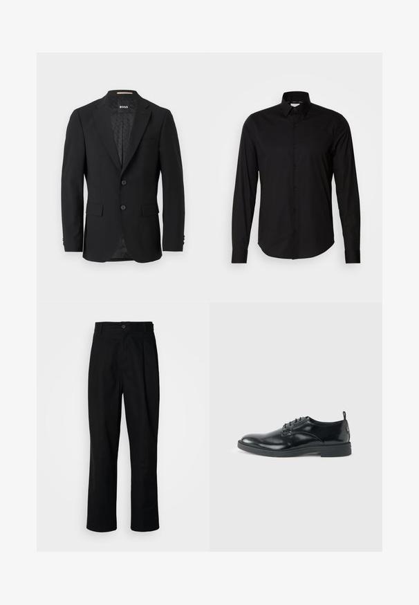 Schwarzes Blazer mit einem einreihigen Design, Reverskragen, zwei vorderen Taschen und zwei Knöpfen. Glattes Gewebe mit einem gemusterten Innenfutter.; Schwarzes Langarmhemd aus glattem Stoff. Verfügt über einen klassischen Kragen, eine Knopfleiste und einen geraden Saum. Keine Muster oder Akzente vorhanden.; Schwarze gerade geschnittene Hosen mit einem Knopfverschluss, Gürtelschlaufen und Vorderfalten, vor einem schlichten weißen Hintergrund präsentiert.; Glänzender schwarzer Lederschuh mit niedrigem Absatz, Schnürverschluss und runder Kappe, seitlich auf hellem, schlichten Hintergrund gezeigt.