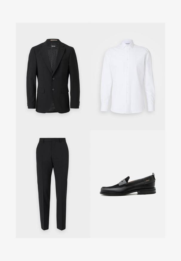 Sort blazer med en en-knoob design, klippet revers, to forlommer og to knapper. Glat stof med et mønstret inderfor.; Hvid langærmet skjorte med knapper lavet af glat bomuld. Har en klassisk krave, forreste plade med knapper og en lige kant.; Sorte bukser med et skræddersyet design, flad front, pressefolder og en slank pasform. Lavet af et glat stof for et elegant udseende.; Sort læderloafer med grå remdetalje, lav hæl og tekstureret sål, mærket med "HUGO" i guld på siden.