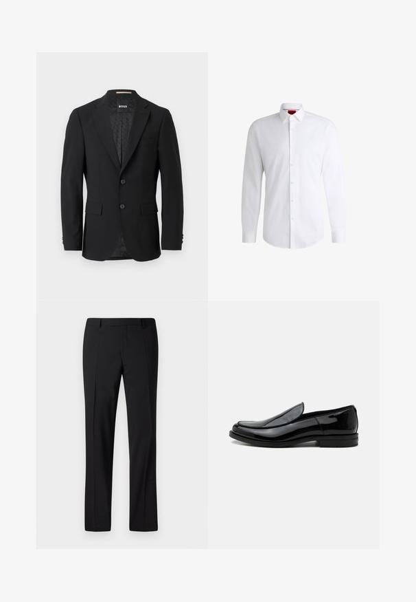 Blazer negro con un diseño de botonadura simple, solapas muestradas, dos bolsillos frontales y dos botones. Tejido suave con un forro interior estampado.; Camisa blanca de botones, confeccionada en tela suave, con collar clásico, mangas largas y dobladillo curvado. Presenta botones beige en la parte delantera.; Pantalones negros ajustados con un diseño de pierna recta, que presentan una textura suave, pliegues frontales y una cinturilla clásica para un aspecto formal.; Zapato de vestir negro de piel brillante tipo slip-on con tacón bajo y punta redondeada, visto de lado sobre un fondo blanco liso.