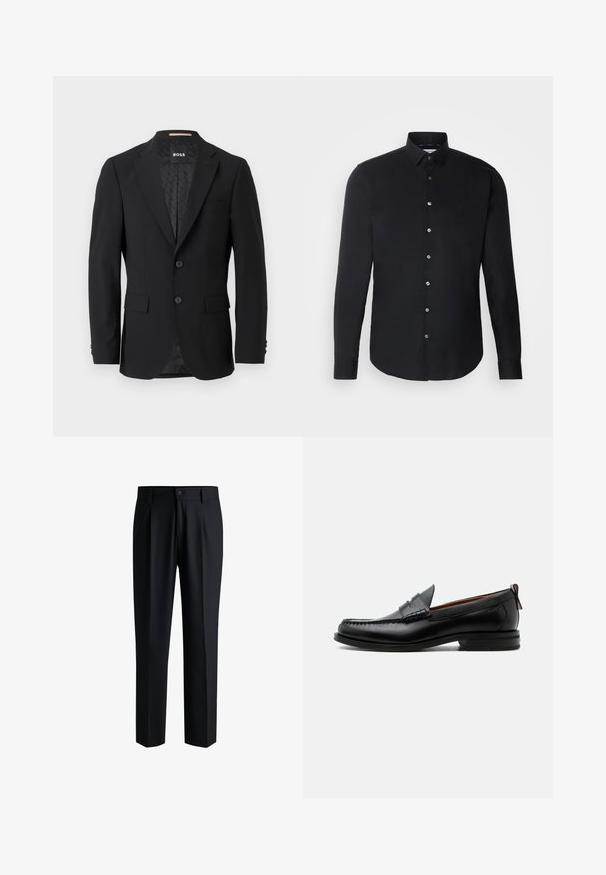 Blazer noir avec un design à un bouton, revers crantés, deux poches avant et deux boutons. Tissu lisse avec une doublure intérieure à motifs.; Chemise noire à manches longues avec un col boutonné, boutons sur le devant, ourlet droit et texture lisse ; marquage subtil sur la poitrine.; Pantalons noirs en tissu lisse, avec une coupe droite, des plis à l'avant et une fermeture à bouton avec passants de ceinture.; Mocassin homme en cuir noir avec couture moc toe, bride penny, col texturé et petit talon empilé sur fond blanc.