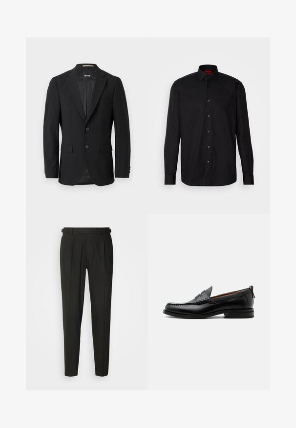 Schwarzes Blazer mit einem einreihigen Design, Reverskragen, zwei vorderen Taschen und zwei Knöpfen. Glattes Gewebe mit einem gemusterten Innenfutter.; Schwarzes Langarmhemd aus glattem Stoff, mit klassischem Kragen, Knopfverschluss vorne und taillierter Passform.; Schwarze maßgeschneiderte Hose mit flacher Vorderseite, zwei Falten, Gürtelschlaufen und geradem Bein. Hergestellt aus glattem, leichtem Stoff.; Schwarzer Leder-Herrenschuh mit Mokassinnaht, Penny-Riemen, strukturiertem Kragen und niedrigem gestapeltem Absatz auf weißem Hintergrund.