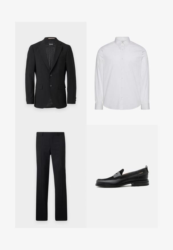 Blazer negro con un diseño de botonadura simple, solapas muestradas, dos bolsillos frontales y dos botones. Tejido suave con un forro interior estampado.; Camisa blanca de manga larga con botones, hecha de algodón. Presenta un cuello estándar, tapeta frontal con botones y dobladillo redondeado. Logo de la marca discreto.; Pantalones negros ajustados con un diseño de pierna recta, pliegues marcados y un acabado suave. Fabricados en tejido ligero con una cintura limpia.; Mocasín de cuero negro con detalle de tira gris, tacón bajo y suela texturizada, con la marca "HUGO" en oro en el lateral.