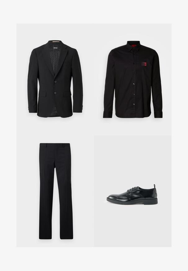 Blazer negro con un diseño de botonadura simple, solapas muestradas, dos bolsillos frontales y dos botones. Tejido suave con un forro interior estampado.; Camisa negra de manga larga hecha de tela suave, con cierre de botones, cuello clásico y un pequeño parche de marca en rojo en el pecho.; Pantalones negros ajustados con un diseño de pierna recta, pliegues marcados y un acabado suave. Fabricados en tejido ligero con una cintura limpia.; Zapato de vestir negro de cuero brillante con tacón bajo, cierre de cordones y puntera redonda, mostrado de lado sobre un fondo claro y liso.