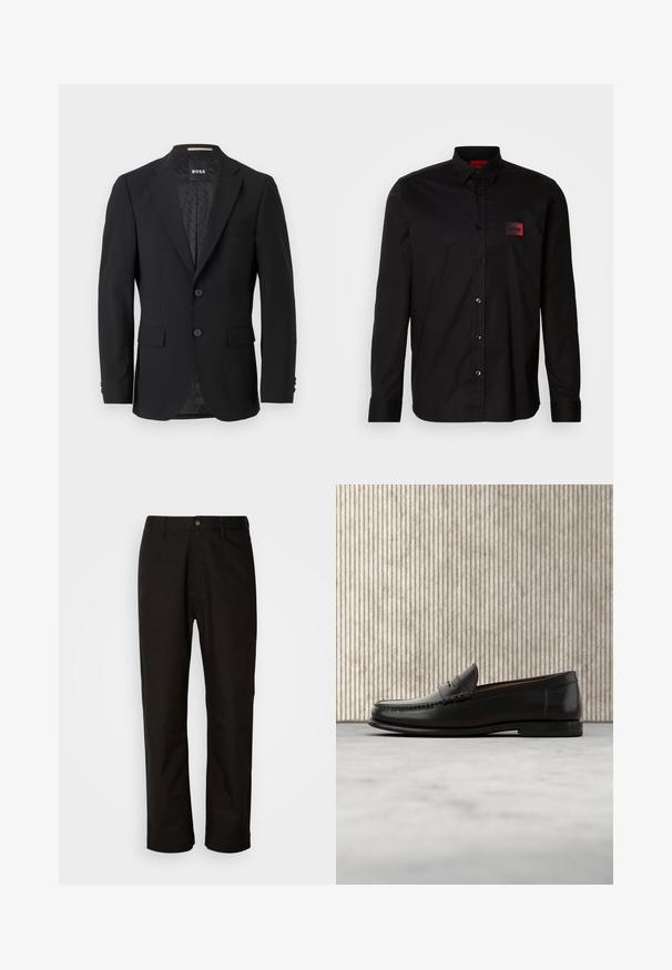 Schwarzes Blazer mit einem einreihigen Design, Reverskragen, zwei vorderen Taschen und zwei Knöpfen. Glattes Gewebe mit einem gemusterten Innenfutter.; Schwarzes Langarmshirt aus glattem Stoff, mit Knopfverschluss, klassischem Kragen und einem kleinen roten Markenpatch auf der Brust.; Schwarze Baumwollhosen mit geradem Schnitt, Gürtelschlaufen, einem Reißverschluss vorne und einem einzelnen Knopfverschluss. Glatte Textur ohne sichtbare Muster.; Schwarzer Pennyloafer aus Leder mit niedrigem Absatz, abgerundeter Spitze und genähten Details vorne und an den Seiten, gezeigt vor neutralem Hintergrund.