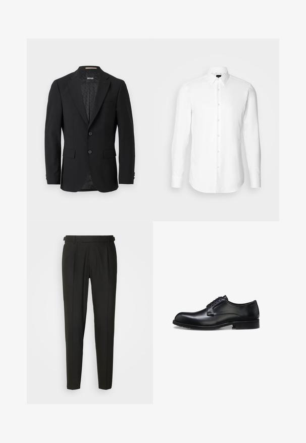 Schwarzes Blazer mit einem einreihigen Design, Reverskragen, zwei vorderen Taschen und zwei Knöpfen. Glattes Gewebe mit einem gemusterten Innenfutter.; Weißes Langarmhemd, vorne mit Knöpfen, klassischer Kragen, aus glattem Stoff mit feiner Textur, für eine figurnahe Passform entworfen.; Schwarze maßgeschneiderte Hose mit flacher Vorderseite, zwei Falten, Gürtelschlaufen und geradem Bein. Hergestellt aus glattem, leichtem Stoff.; Schwarzer polierter Herrenschuh aus Leder mit geschlossenem Schnürsystem, niedrigem Absatz und dezentem Marken-Detail nahe der Ferse auf weißem Hintergrund.