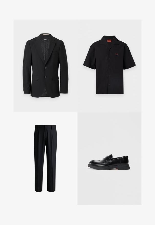 Sort blazer med en en-knoob design, klippet revers, to forlommer og to knapper. Glat stof med et mønstret inderfor.; Sort kortærmet skjorte med knapper og camp-krave, lille rødt "HUGO"-logo på venstre bryst og indersiden af kraven.; Sorte bukser lavet af glat stof, med lige ben-design, plisseringer foran og knaplukning med bæltestropper.; Sorte læder loafers med en glat finish, der har en hævet frontpanel og en kontrasterende rød detalje på sålen. Flad gummisål.