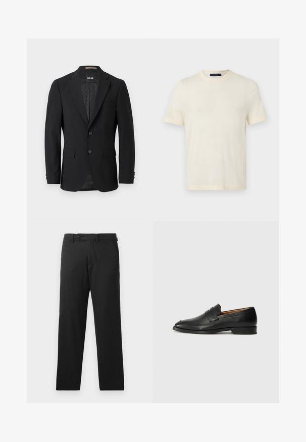 Schwarzes Blazer mit einem einreihigen Design, Reverskragen, zwei vorderen Taschen und zwei Knöpfen. Glattes Gewebe mit einem gemusterten Innenfutter.; Cremefarbenes T-Shirt mit kurzem Arm und Rundhalsausschnitt, schlichtes Design, auf einem flachen hellgrauen Hintergrund präsentiert.; Schwarze Hose aus Baumwollmischgewebe mit geradem Bein, Knopfverschluss und nahtlosen Seitentaschen.; Schwarze Leder-Slipper mit runder Zehenform, dezenten gestickten Details und niedrigem Absatz, ausgestattet mit glatter Textur und minimalistischem Design.