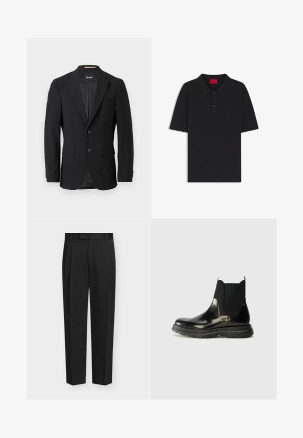 Blazer negro con un diseño de botonadura simple, solapas muestradas, dos bolsillos frontales y dos botones. Tejido suave con un forro interior estampado.; Polo negro de manga corta con textura, dos botones, puños y dobladillo acanalados, y una etiqueta roja de HUGO en el interior del cuello.; Pantalones negros de corte recto, a medida, con trabillas para cinturón, bolsillos laterales y pliegue frontal.; Botas Chelsea de cuero negro con paneles laterales de elastómero, puntera redondeada y suela de goma texturizada con surcos para mayor tracción.