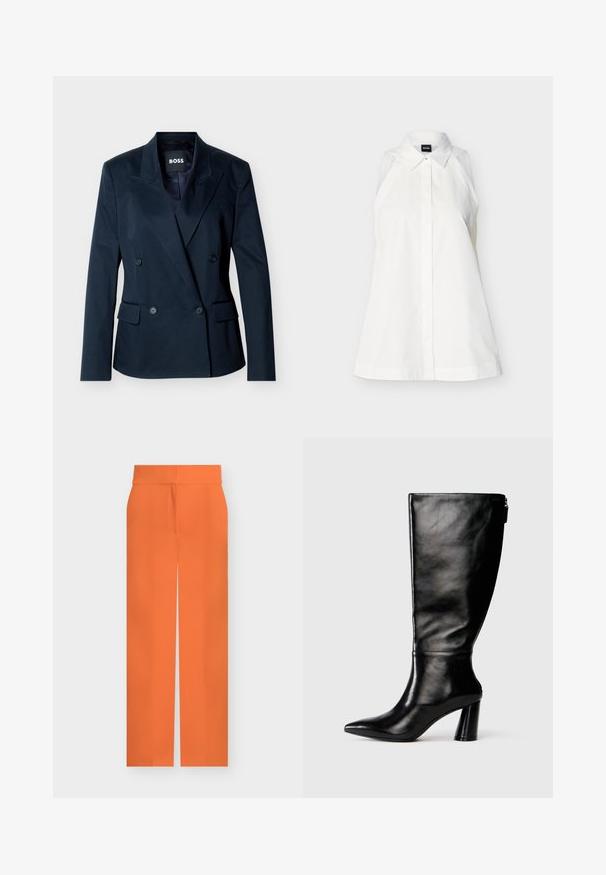Blazer croisé bleu marine avec revers à pointe, quatre boutons noirs, deux poches à rabat à l'avant, et étiquette intérieure "BOSS".; Chemise blanche sans manches avec col, boutons cachés sur le devant, coupe cintrée et étiquette de la marque à l'intérieur du col.; Pantalon droit taille haute orange vif uni avec une fermeture dissimulée à l’avant sur un fond clair uni.; Botte en cuir noir à hauteur de genoux avec un bout pointu, une texture lisse et un talon épais. Elle présente un zip à l'arrière.