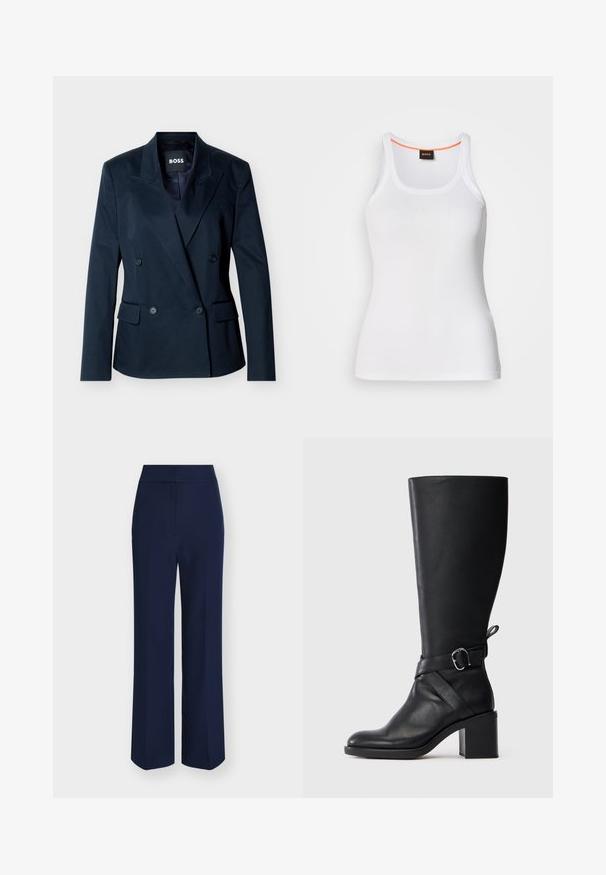 Blazer croisé bleu marine avec revers à pointe, quatre boutons noirs, deux poches à rabat à l'avant, et étiquette intérieure "BOSS".; Débardeur blanc côtelé avec un col rond, présentant un design à bretelles étroites et un accent orange le long de l'intérieur du col. Logo de la marque affiché.; Pantalon large taille haute bleu marine avec fermeture avant dissimulée et coupe ajustée.; Botte en cuir noir mi-mollet avec talon carré et bande décorative avec boucle en argent sur fond clair uni.