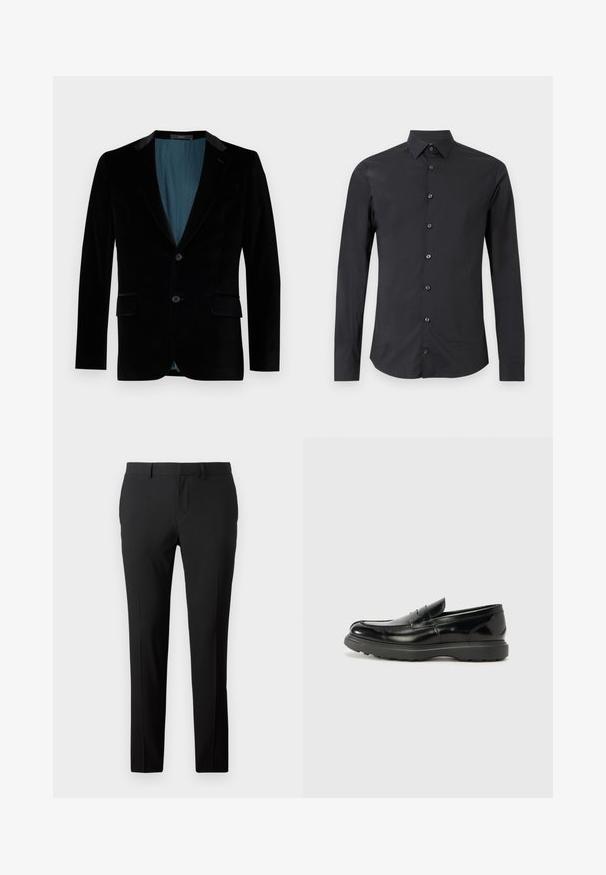 Sort velourblazer med slim fit, klappede revers, to frontlommer, enkeltknaplukning og en kontrasterende teal-foring.; Sort skjorte med lange ærmer og knapper, med spids krave, vist fladt på en hvid baggrund.; Skræddersyede sorte bukser i et glat stof. Har et lige ben-design, frontfald og bæltestropper til justerbar størrelse.; Sort læderloafer med en blank finish, rund tå, subtile syninger og en tyk gummisål for holdbarhed.