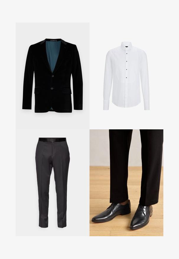 Blazer en velours noir avec une coupe ajustée, des revers crantés, deux poches avant, une fermeture à un bouton et une doublure contrastante en teal.; Chemisier blanc à manches longues avec un panneau avant incurvé, des boutons noirs au centre et un col classique. Texture de tissu lisse.; Pantalons noirs ajustés avec une coupe slim, devant plat et légère brillance. Présentent une taille noire lisse et des détails de plis le long des jambes.; Melvin & Hamilton TONI 1 - Derbies & Richelieus - torino/black/red
