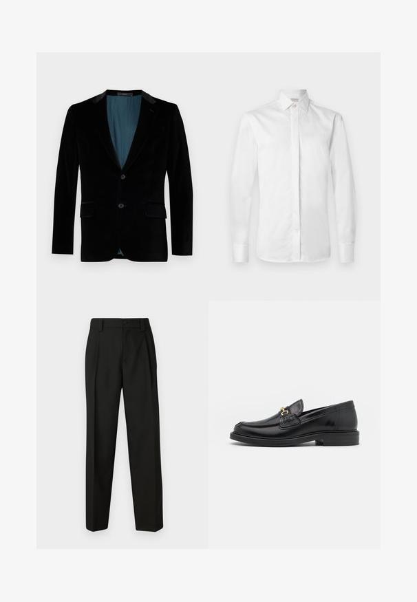 Sort velourblazer med slim fit, klappede revers, to frontlommer, enkeltknaplukning og en kontrasterende teal-foring.; Hvid langærmet skjorte lavet af glat bomuld med en spids krave, en knaplukning og knapmanchetter, med et skarpt og rent design.; Sorte skræddersyede bukser lavet af glat stof. Har lige ben, enkelt knappelukning og bæltestropper. Ingen synlige mønstre eller accenter.; Sorte læder loafers med en rund tå, der har guld hardware accent og syningsdetaljer, placeret på en lav, tekstureret gummisål.