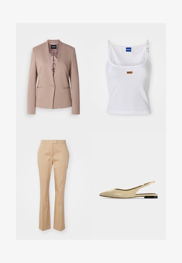 Blazer rose pâle avec revers cranté, fermeture à un bouton, deux poches avant et doublure en satin lisse. Tissu doux et texturé.; Débardeur blanc côtelé avec bretelles réglables, arborant une étiquette logo bleue et une petite étiquette marron, fabriqué en tissu doux et extensible.; Pantalons beiges ajustés avec une coupe droite, fabriqués en tissu lisse, présentant un devant plat et sans poches visibles.; Chaussure plate beige à bout pointu avec bride arrière, petit talon noir et finition en cuir lisse, vue de côté sur un fond uni.