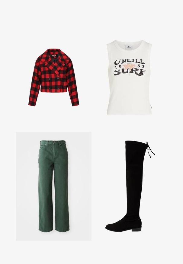 Korthåret dobbelbrystet jakke med rød og sort ternet mønster, lavet af blødt stof, med store revers og sorte knapper.; Hvid ærmeløs crop top lavet af ribstrikket stof, med et slidt sort motiv med "O'Neill 1952" og et pink blomsterdesign.; Grønne vide jeans lavet af denim. Har høj talje, lige ben, forlommer og metalknaplukning.; Sorte over-knæ støvler lavet af ruskind, med flad sål og en snoretræk detalje øverst for justerbar pasform.