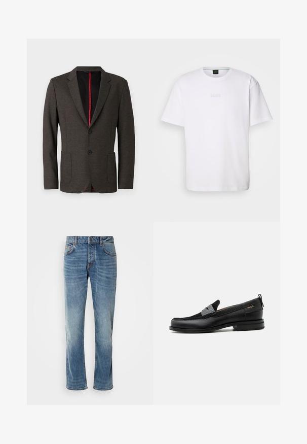 Mørkegrå blazer lavet af tekstureret stof med slim fit, der har to frontlommer, to sorte knapper og en rød inderforing.; Hvid bomulds T-shirt med korte ærmer, rund halsudskæring og præget "BOSS" logo på brystet. Glat tekstur, standard pasform.; Lyseblå denimbukser med lige ben, fem lommer, kontrasterende syninger og en falmet finish. Har en knap- og lynlåsåbning.; Sort læderloafer med grå remdetalje, lav hæl og tekstureret sål, mærket med "HUGO" i guld på siden.