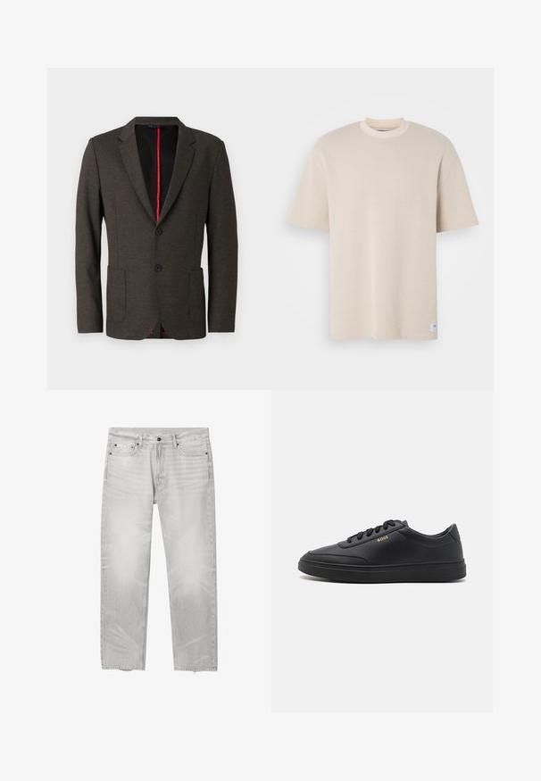 Mørkegrå blazer lavet af tekstureret stof med slim fit, der har to frontlommer, to sorte knapper og en rød inderforing.; Beige ribbet t-shirt med rund hals og korte ærmer, der har et synligt mærkelabel i nederste venstre hjørne.; Lysegrå jeans med lige ben, fem lommer, knap- og lynlåslukning samt Calvin Klein-logo på den lille forlommel.; Sorte lædersneakers med en glat overflade, rund tå, flad gummisål og tonede snørebånd. Udstyret med guld "BOSS" branding på siden.