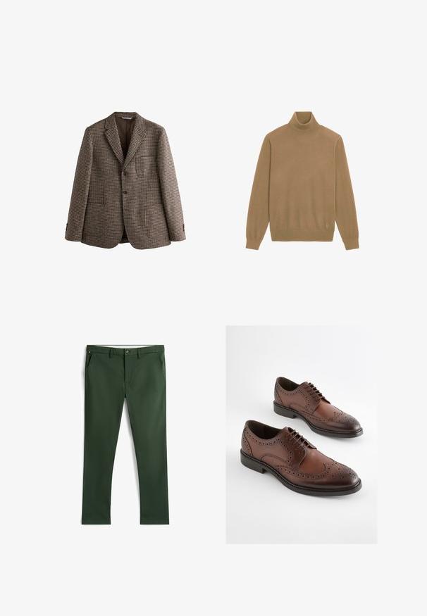 Blazer en pied-de-poule marron avec revers crantés, deux boutons et poches avant. Tissu texturé avec une doublure intérieure lisse.; Pull à col roulé à manches longues de couleur brun clair avec poignets et ourlet côtelés, présenté à plat sur fond blanc.; Chinos en coton vert foncé avec une coupe droite, dotés de poches avant et d'une fermeture à bouton en métal. Texture douce et motif subtil.; Chaussures habillées brogue en cuir marron avec détails perforés et semelles noires, présentées côte à côte sur un fond blanc.