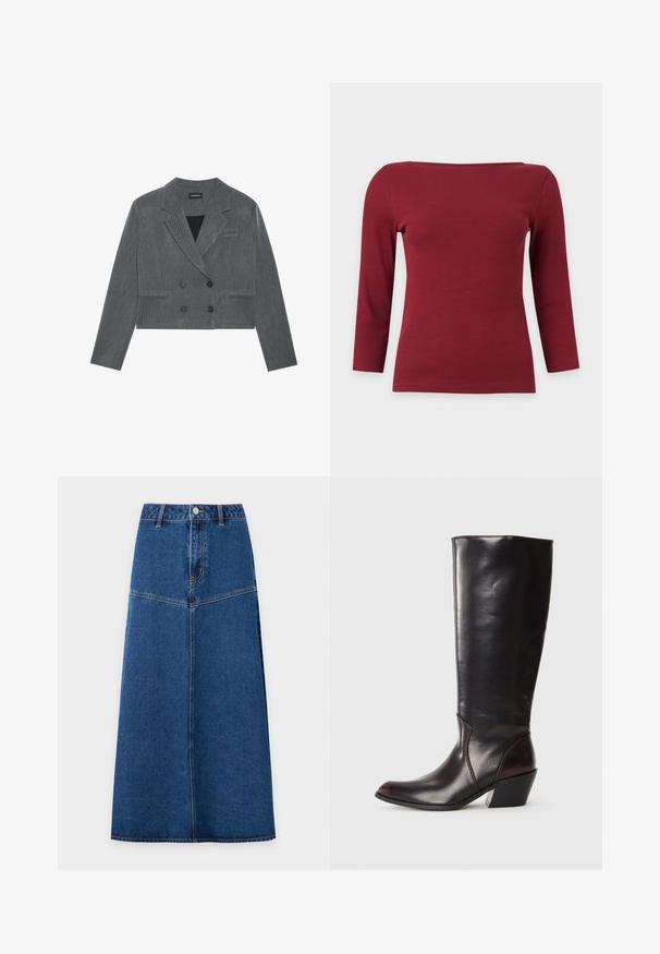 Blazer gris court au design croisé, doté de deux boutons noirs, de revers crantés et d'un subtil motif texturé.; Haut à manches longues côtelé rouge foncé uni avec un large col bateau et une silhouette ajustée sur fond gris clair.; Jupe midi en denim bleu avec boutons sur le devant et détails de couture, légèrement évasée de la taille à l'ourlet sur fond blanc.; Botte en cuir brun foncé, à hauteur de genou, avec un bout pointu, un talon bloc angulaire et une texture lisse et brillante. Présente un design épuré et des détails de couture.