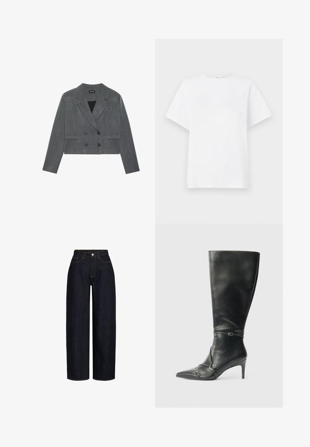 Blazer gris court au design croisé, doté de deux boutons noirs, de revers crantés et d'un subtil motif texturé.; T-shirt blanc à manches courtes en coton. Doté d'un col rond, d'une coupe décontractée et d'une texture lisse sans motifs ni accents.; Jean large en denim foncé à taille haute, avec poches avant, fermeture éclair et détails de couture contrastants. Texture lisse.; Bottes noires en cuir montant jusqu'au genou, avec un talon fin, un bout pointu et des détails de lanière à la cheville. Texture lisse et design ajusté.