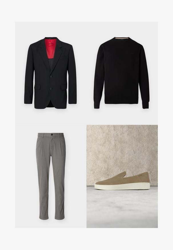 Blazer negro fabricado en tela suave, con un forro rojo, dos bolsillos frontales y dos botones. Las solapas con muesca aportan un detalle estructurado.; Jersey de punto negro con cuello redondo, puños y bajo acanalados, que presenta un logo sutil en el pecho y una banda interior del cuello en contraste.; Pantalones grises de corte slim, con cierre de botones, detalle de pliegues en la parte delantera, textura suave y piernas estrechas.; Zapato beige sin cordones con suela blanca, mostrado en el aire sobre una alfombra clara con muebles transparentes de color ámbar al fondo.