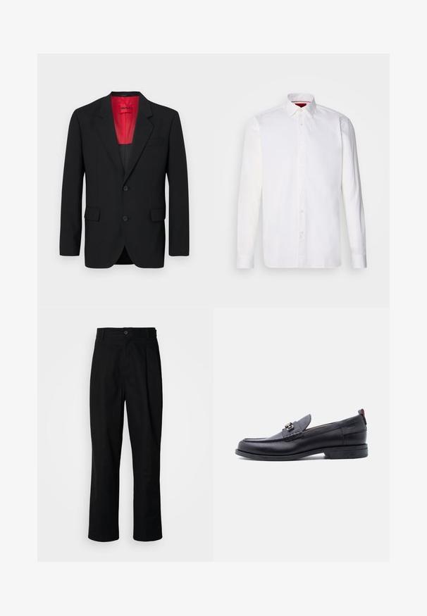 Blazer noir en tissu lisse, avec une doublure rouge, deux poches avant et deux boutons. Les revers crantés ajoutent un détail structuré.; Chemise blanche à manches longues en coton, avec un col classique, une patte de boutonnage à l'avant et une texture lisse. Détail rouge à l'intérieur du col.; Pantalons noirs à jambes droites avec une taille à bouton, passants de ceinture et pli avant, présentés sur un fond blanc uni.; Mocassin en cuir noir avec empeigne texturée grise, détail boucle en métal argenté, petit talon et languette à l'arrière.