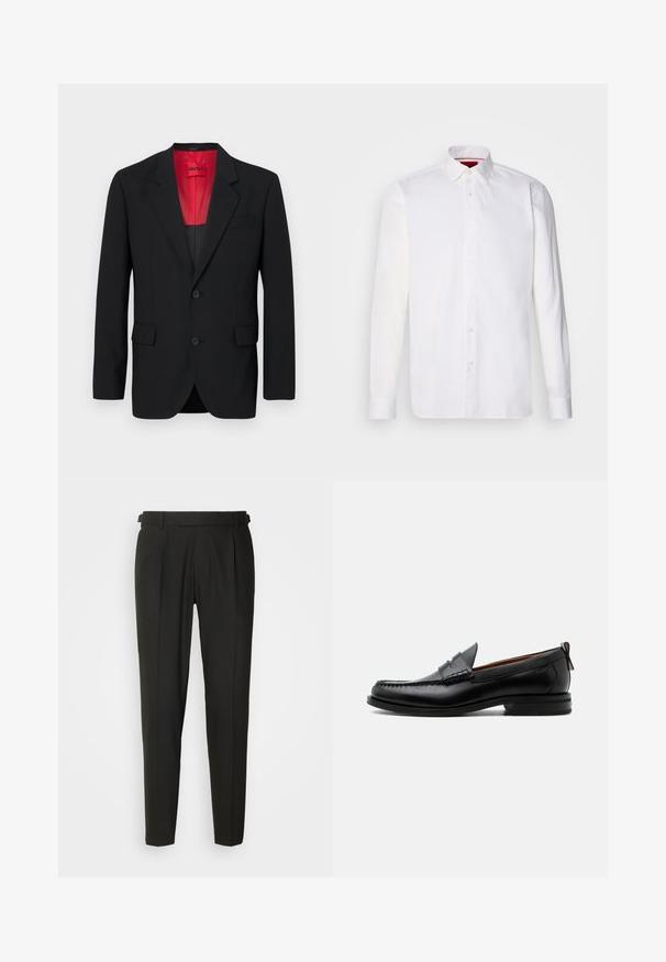 Blazer negro fabricado en tela suave, con un forro rojo, dos bolsillos frontales y dos botones. Las solapas con muesca aportan un detalle estructurado.; Camisa blanca de manga larga hecha de algodón, con un collar clásico, placket frontal con botones y una textura suave. Detalle interior del collar en rojo.; Pantalones negros ajustados con frontales lisos, dos pliegues, trabillas para cinturón y diseño de pierna recta. Fabricados con una tela suave y ligera.; Mocasín de hombre de piel negra con costura moc toe, tira penny, cuello texturizado y tacón bajo apilado sobre fondo blanco.