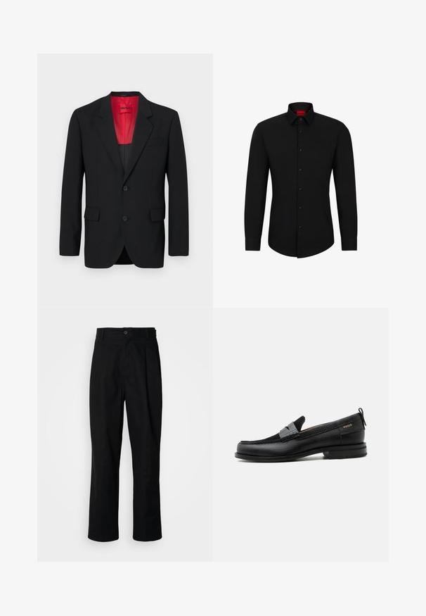 Blazer negro fabricado en tela suave, con un forro rojo, dos bolsillos frontales y dos botones. Las solapas con muesca aportan un detalle estructurado.; Camisa negra de manga larga con botón frontal, cuello clásico y dobladillo redondeado; cuenta con botones negros y un logotipo rojo en el interior del cuello.; Pantalones rectos negros con cintura con botones, trabillas para cinturón y pliegue frontal, exhibidos sobre un fondo blanco liso.; Mocasín de cuero negro con detalle de tira gris, tacón bajo y suela texturizada, con la marca "HUGO" en oro en el lateral.