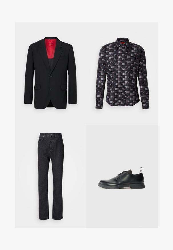 Blazer negro fabricado en tela suave, con un forro rojo, dos bolsillos frontales y dos botones. Las solapas con muesca aportan un detalle estructurado.; Camisa abotonada negra con texto repetido "HUG" en varios tonos. Presenta un cuello, mangas largas y botones negros. Textura suave.; Jeans de mezclilla negros de cintura alta con cierre de botón y cremallera, bolsillos frontales y traseros, y corte recto.; Zapato de cuero negro con cordones, acabado suave, punta redonda y un diseño minimalista. Presenta una tira de agarre sutil en contraste y suela de goma.