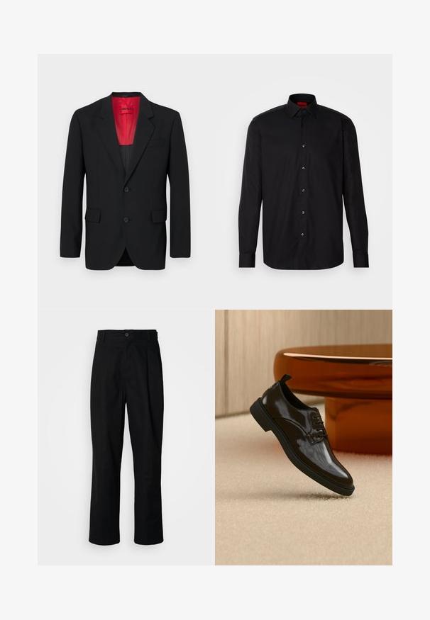 Blazer negro fabricado en tela suave, con un forro rojo, dos bolsillos frontales y dos botones. Las solapas con muesca aportan un detalle estructurado.; Camisa negra de manga larga hecha de una tela suave, con un cuello clásico con tapa, cierre frontal de botones y un ajuste entallado.; Pantalones rectos negros con cintura con botones, trabillas para cinturón y pliegue frontal, exhibidos sobre un fondo blanco liso.; Zapato de vestir negro brillante de cuero con cordones flotando sobre una alfombra beige con una mesa redonda marrón brillante al fondo.