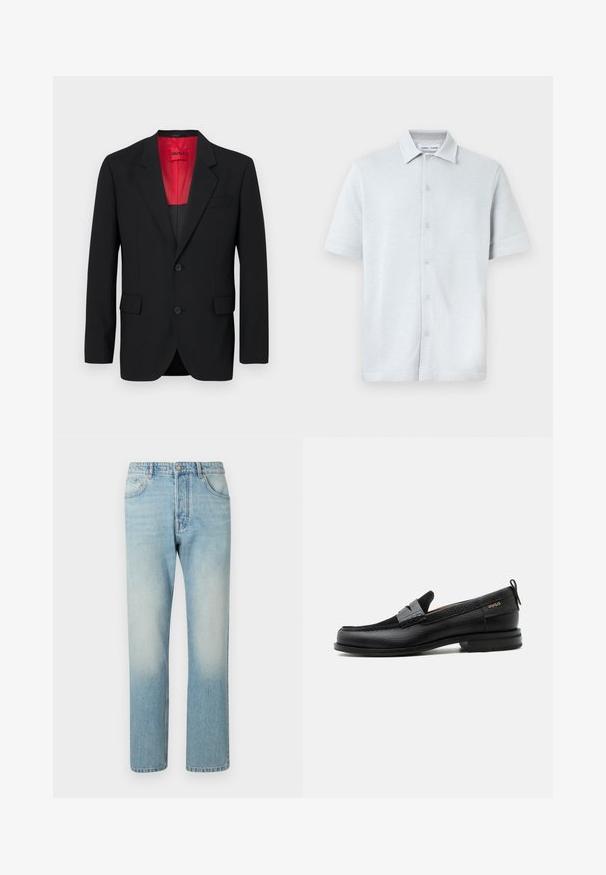 Blazer negro fabricado en tela suave, con un forro rojo, dos bolsillos frontales y dos botones. Las solapas con muesca aportan un detalle estructurado.; Camisa de manga corta con cuello en azul claro, tejido texturizado con patrón de diamantes, con cierre frontal de botones y dobladillo recto.; Jeans de color azul claro hechos de denim, con un diseño de pierna recta, estructura de cinco bolsillos y efecto de lavado desgastado en los muslos.; Mocasín de cuero negro con detalle de tira gris, tacón bajo y suela texturizada, con la marca "HUGO" en oro en el lateral.