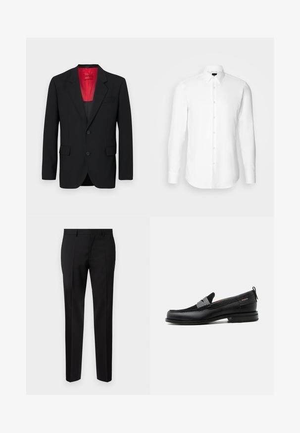 Blazer negro fabricado en tela suave, con un forro rojo, dos bolsillos frontales y dos botones. Las solapas con muesca aportan un detalle estructurado.; Camisa blanca de manga larga, con cierre de botones en el frente, cuello clásico, confeccionada con una tela suave con una textura sutil, diseñada para un ajuste entallado.; Pantalones negros de corte ajustado, hechos de una tela suave, con pernera recta, detalles de pinzas refinadas y una cinturilla clásica con ojales para cinturón.; Mocasín de cuero negro con detalle de tira gris, tacón bajo y suela texturizada, con la marca "HUGO" en oro en el lateral.