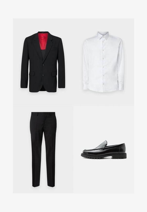 Sort blazer lavet af glat stof, der har en rød foring, to frontlommer og to knapper. Klippede slag tilføjer struktureret detalje.; Hvid langærmet skjorte lavet af glat stof, med en klassisk krave, knaplukning og manchetter med knapper, vist på en ensfarvet baggrund.; Sorte skræddersyede bukser lavet af glat stof, med lige ben, raffinerede folder og en klassisk talje med bæltestropper.; Sort læderloafer med chunky gummisål, syet overdel og præget mærkenavn på hælen, vist i sideprofil på hvid baggrund.