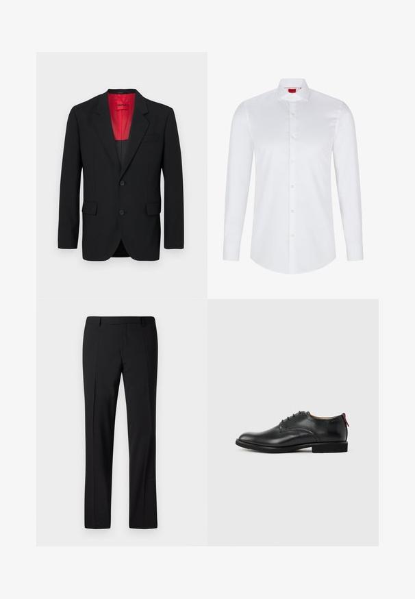 Blazer negro fabricado en tela suave, con un forro rojo, dos bolsillos frontales y dos botones. Las solapas con muesca aportan un detalle estructurado.; Camisa blanca de manga larga con botones, hecha de algodón suave. Presenta un cuello clásico, una botonera completa y un dobladillo redondeado.; Pantalones negros ajustados con un diseño de pierna recta, que presentan una textura suave, pliegues frontales y una cinturilla clásica para un aspecto formal.; Zapato de vestir para hombre de cuero negro con cordones en la parte delantera y tira roja en el talón sobre un fondo liso.