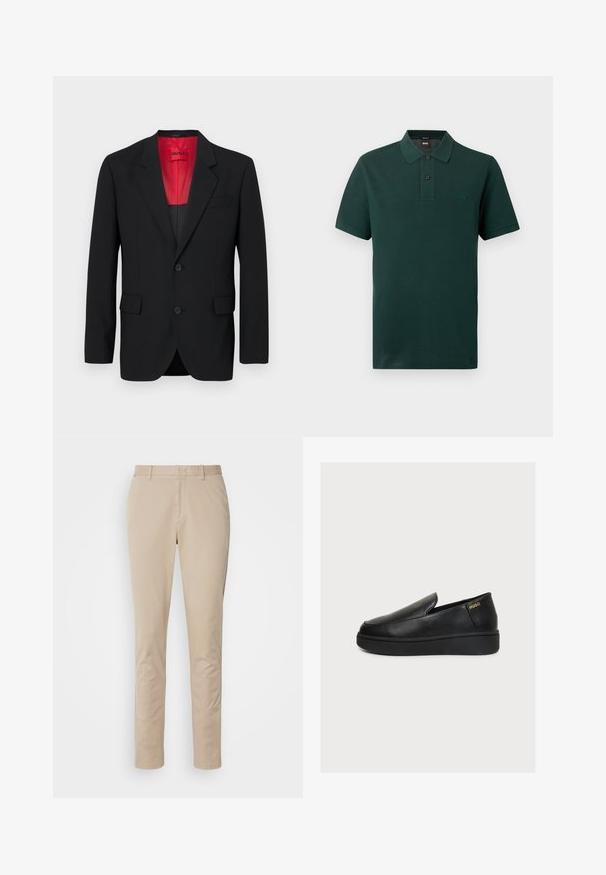 Blazer noir en tissu lisse, avec une doublure rouge, deux poches avant et deux boutons. Les revers crantés ajoutent un détail structuré.; Polo vert foncé à manches courtes avec deux boutons noirs et petit logo "BOSS" brodé sur le côté gauche de la poitrine.; Pantalon en coton beige à coupe droite, avec zip, poches latérales et détails de couture subtils. Texture lisse.; Chaussure plateforme noire en cuir à enfiler, avec une semelle épaisse et un petit logo doré "HUGO" près du talon sur un fond clair uni.