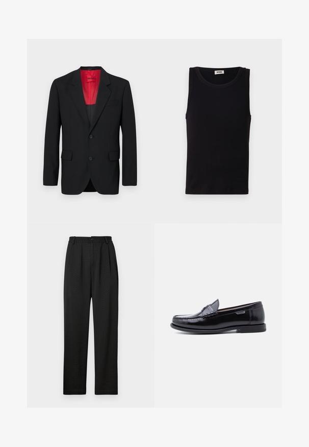 Blazer negro fabricado en tela suave, con un forro rojo, dos bolsillos frontales y dos botones. Las solapas con muesca aportan un detalle estructurado.; Top sin mangas negro hecho de algodón suave. Cuenta con un escote redondeado y un corte recto, con detalles de costura mínimos.; Pantalones negros con un patrón texturizado, que presentan una cintura ancha con un botón y pliegues delanteros para un ajuste entallado. Diseño de pierna recta.; Mocasines de cuero negro con acabado brillante, que presentan un diseño cosido en la puntera y una suela baja de goma negra texturizada.