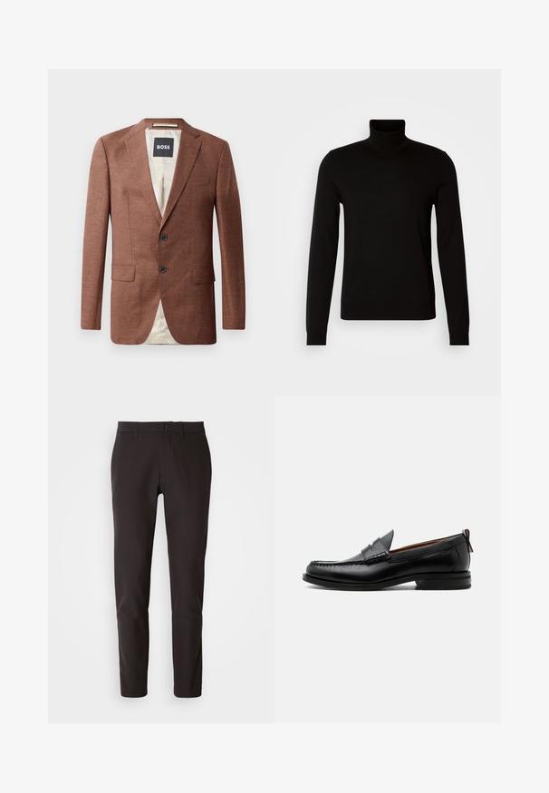 Brauner Leinenblazer mit aufgeschlagenen Revers, zwei Fronttaschen, zwei schwarzen Knöpfen und einer hellen Innenausstattung. Etikett mit der Aufschrift 'BOSS'.; Schwarzer Rollkragenpullover aus feiner Strickware, mit langen Ärmeln und taillierter Silhouette. Glatte Textur mit gerippten Bündchen.; Schwarze Hose aus glattem Stoff, mit geradem Schnitt, standardmäßigem Bund mit Knopfverschluss und ohne sichtbare Taschen oder Muster.; Schwarzer Leder-Herrenschuh mit Mokassinnaht, Penny-Riemen, strukturiertem Kragen und niedrigem gestapeltem Absatz auf weißem Hintergrund.