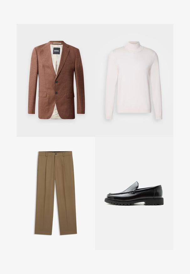 Brauner Leinenblazer mit aufgeschlagenen Revers, zwei Fronttaschen, zwei schwarzen Knöpfen und einer hellen Innenausstattung. Etikett mit der Aufschrift 'BOSS'.; Helles rosa Rollkragenpullover mit langen Ärmeln, weichem Stoff, geripptem Kragen und Bündchen, im klassischen, figurbetonten Design.; Braune gerade geschnittene Hose mit Gürtelschlaufen, Vorderknopf und Reißverschluss, flach auf weißem Hintergrund dargestellt.; Schwarzer Lederloafer mit grober Gummisohle, genähter Oberseite und geprägtem Markennamen an der Ferse, seitlich auf weißem Hintergrund gezeigt.