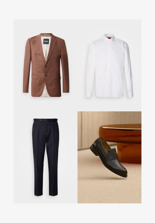 Bruine linnen blazer met schouderepauletten, twee voorzakken, twee zwarte knopen en een lichtgekleurde voering. Etiket met 'BOSS'.; Witte overhemd met lange mouwen van katoen, met een klassieke kraag, een voorkant met knopen en een gladde textuur. Rode details aan de binnenkant van de kraag.; Marineblauwe pantalon van gladde stof, met een geplisseerde voorkant, rechte pijpen en een tailleband met knoopsluiting.; Zwarte leren loafer met lage hak zwevend boven een beige tapijt dichtbij een ronde bruine tafel.
