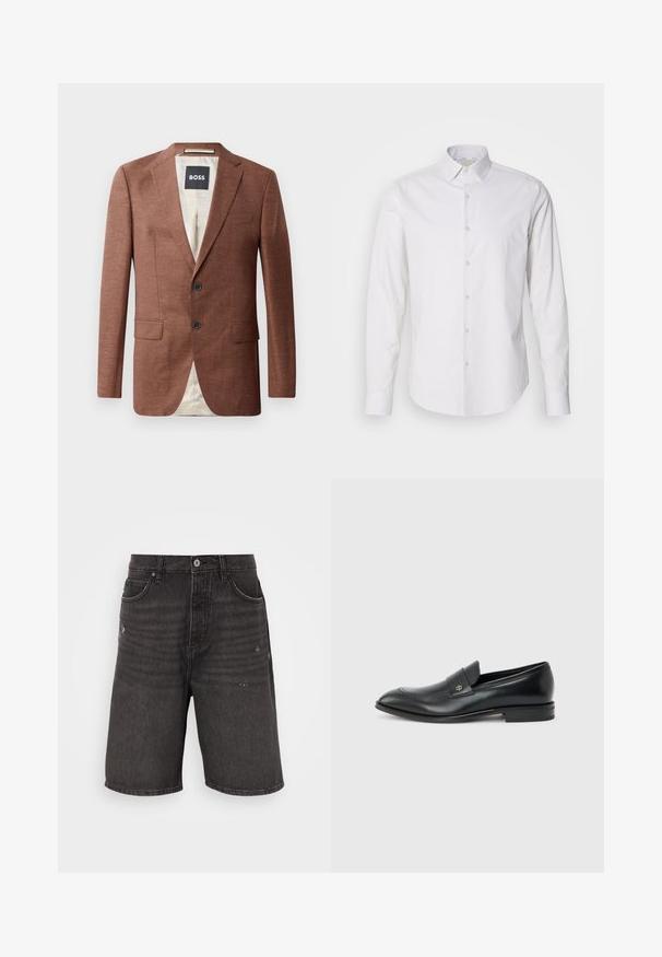 Brun linned blazer med notch-lapel, to frontlommer, to sorte knapper og lyse indvendige foer. Etiket mærket 'BOSS'.; Hvid langærmet skjorte med spids krave, knaplukning foran, lavet af et glat stof. Har en subtil stribet tekstur.; Sorte denim shorts med afslappet pasform, der har frontlommer, en slidt tekstur og et klassisk taljebånd med en enkelt knaplukning.; Sort læder herre loafer med lav hæl, rund tå og lille metallisk logo på remmen, vist i sideprofil på ensfarvet baggrund.