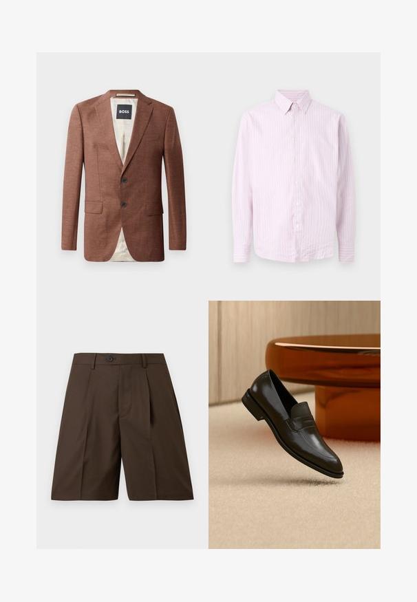 Hnedý ľanový blazer s výstrihom do V, dvoma prednými vreckami, dvoma čiernymi gombíkmi a svetlou podšívkou. Na štítku je nápis 'BOSS'.; Dlhá košeľa s dlhým rukávom, zapínaním na gombíky, s vertikálnym svetloružovo-bielym pruhovaním a gombíkovým golierom, zobrazená zpredu na neutrálom pozadí.; Hnedé ošité šortky po kolená s pútkami na opasok, zapínaním na gombík a prednými záhybmi, zobrazené na bielom pozadí.; Čierny kožený mokasín s elegantným dizajnom, ktorý obsahuje textúrovaný pás a hladký povrch. Položený na jemnom, svetlom pozadí.