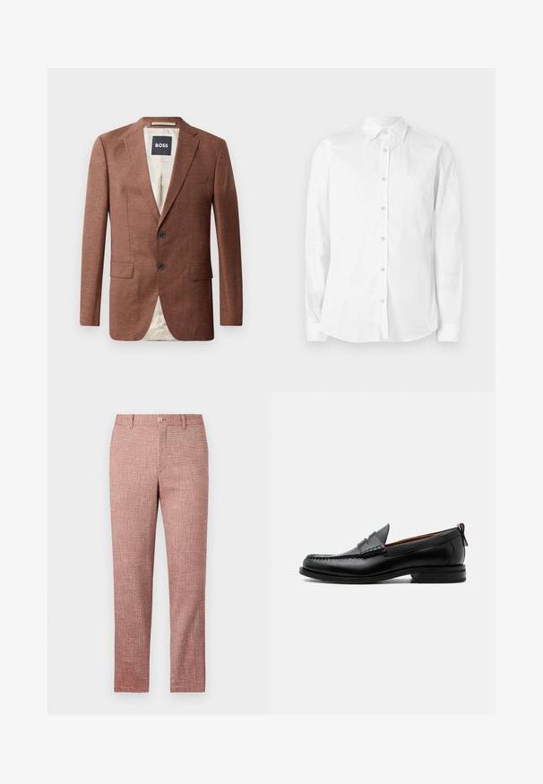 Bruine linnen blazer met schouderepauletten, twee voorzakken, twee zwarte knopen en een lichtgekleurde voering. Etiket met 'BOSS'.; Witte blouse met lange mouwen en knopen, gemaakt van katoen. Heeft een puntige kraag en een klein geborduurd logo op de borst. Gladde textuur.; Rode textuurbroek met een rechte pijp, voorzakken en knoopsluiting. De stof heeft een geweven patroon voor extra detail.; Zwarte leren herensloffen met moc toe stiksel, pennyriem, gestructureerde kraag en lage gestapelde hak op witte achtergrond.